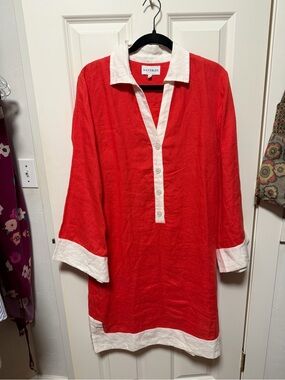 Navy Bleu Orange Linen Tunic Dress with White Trim